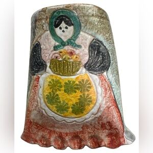 Italian Handmade Handpainted Pottery Wall Pocket Vase Woman Bonnet Apron Fruit